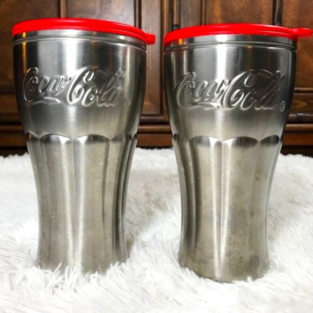 Vintage Set of 2 Coca-Cola Insulated Metal Fountain Tumblers with Lids